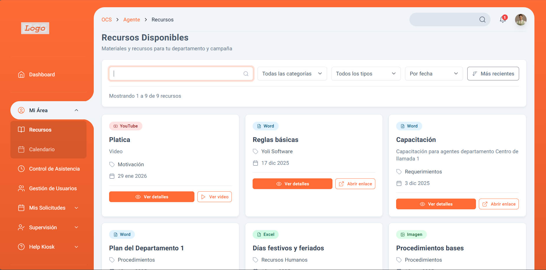 Panel de Control Privado - Pantalla de filtrado de recursos
